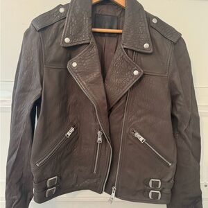 All Saints Dark Grey Leather Jacket with Silver Accents